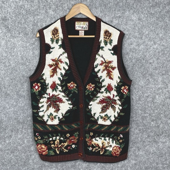 VTG Crystal Kobe Handstitched Fall Leaves Sweater Vest 1X Classic Cottagecore - Picture 1 of 7